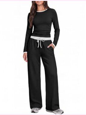Women 2 Piece Lounge Set Color Block Long Sleeve Top Wide Leg Pants Matching Set